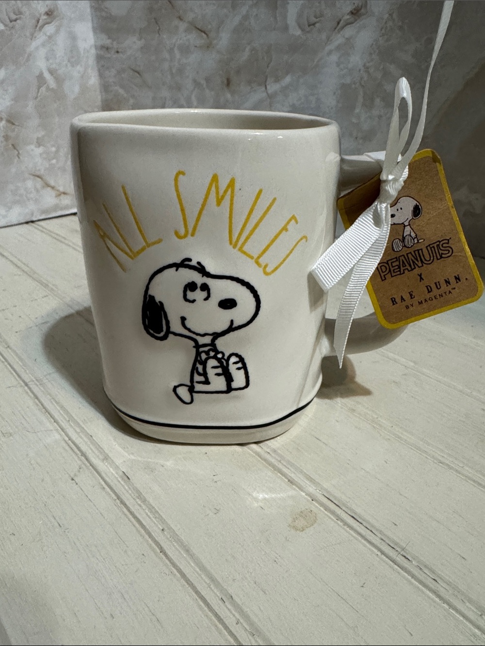 Rae Dunn White Ceramic Snoopy Mug with Yellow "All Smiles"